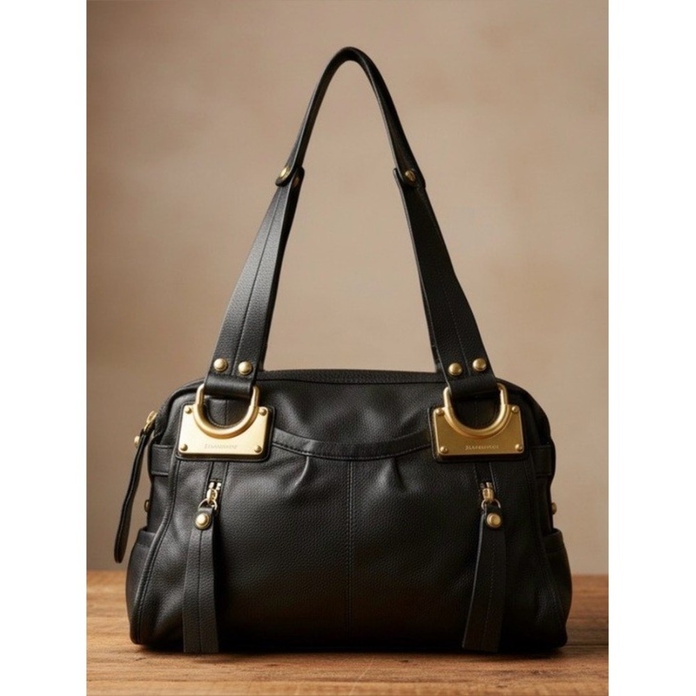 B. Makowsky Grunge Y2K Montgomery Black Leather Shoulder Satchel Bag